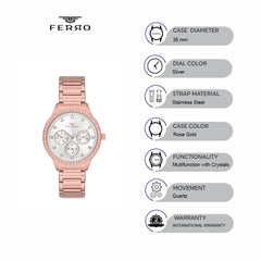 Ferro Multifunction Crystals Silver Round Dial Women's Watch - FM21077A-C