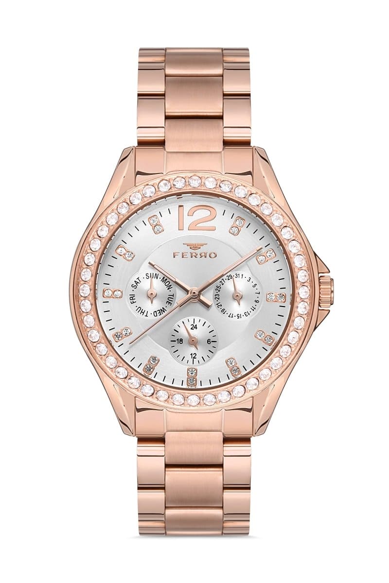 Ferro Multifunction Crystals Silver Round Dial Women's Watch - FM21140A-C