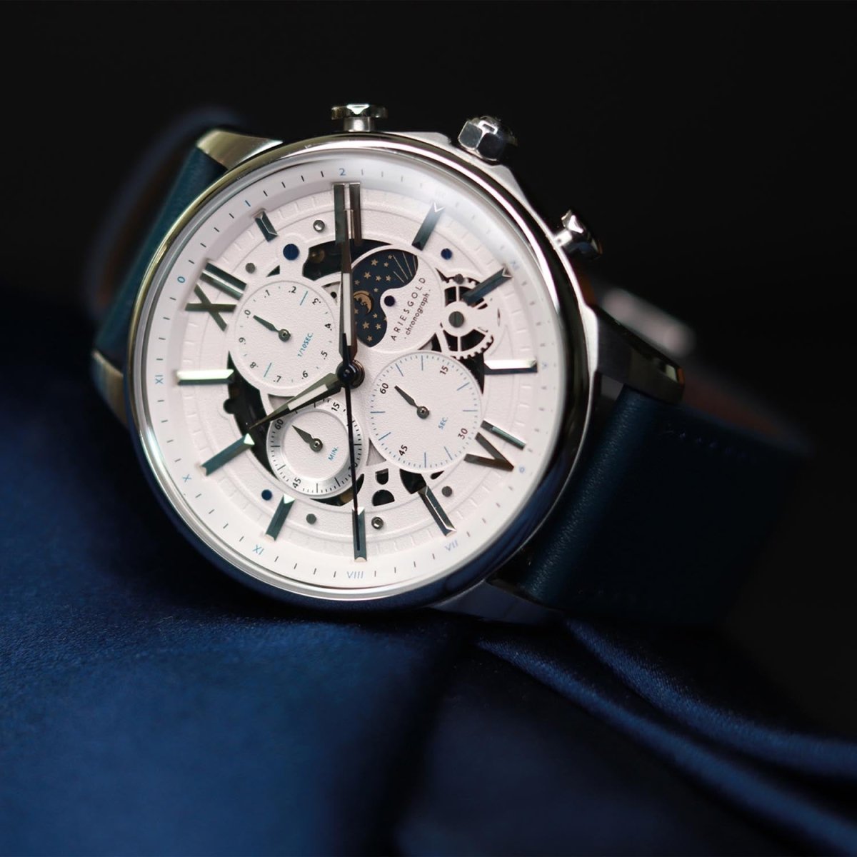 ARIES GOLD Belfast Moon Chronograph Watch with Skeleton Dial For Men's- G 7013 S-W