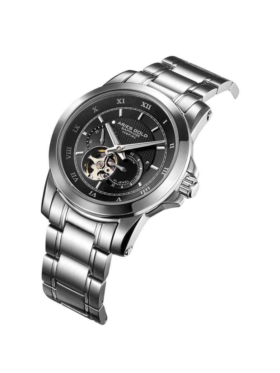 Aries Gold Forza Open Heart Automatic 21 Jewels Black Round Dial Men's Watch - G 9001 S-BK