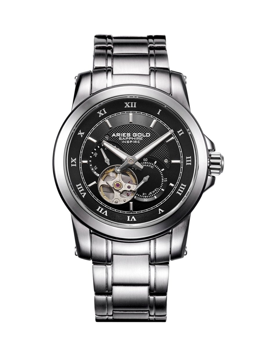 Aries Gold Forza Open Heart Automatic 21 Jewels Black Round Dial Men's Watch - G 9001 S-BK