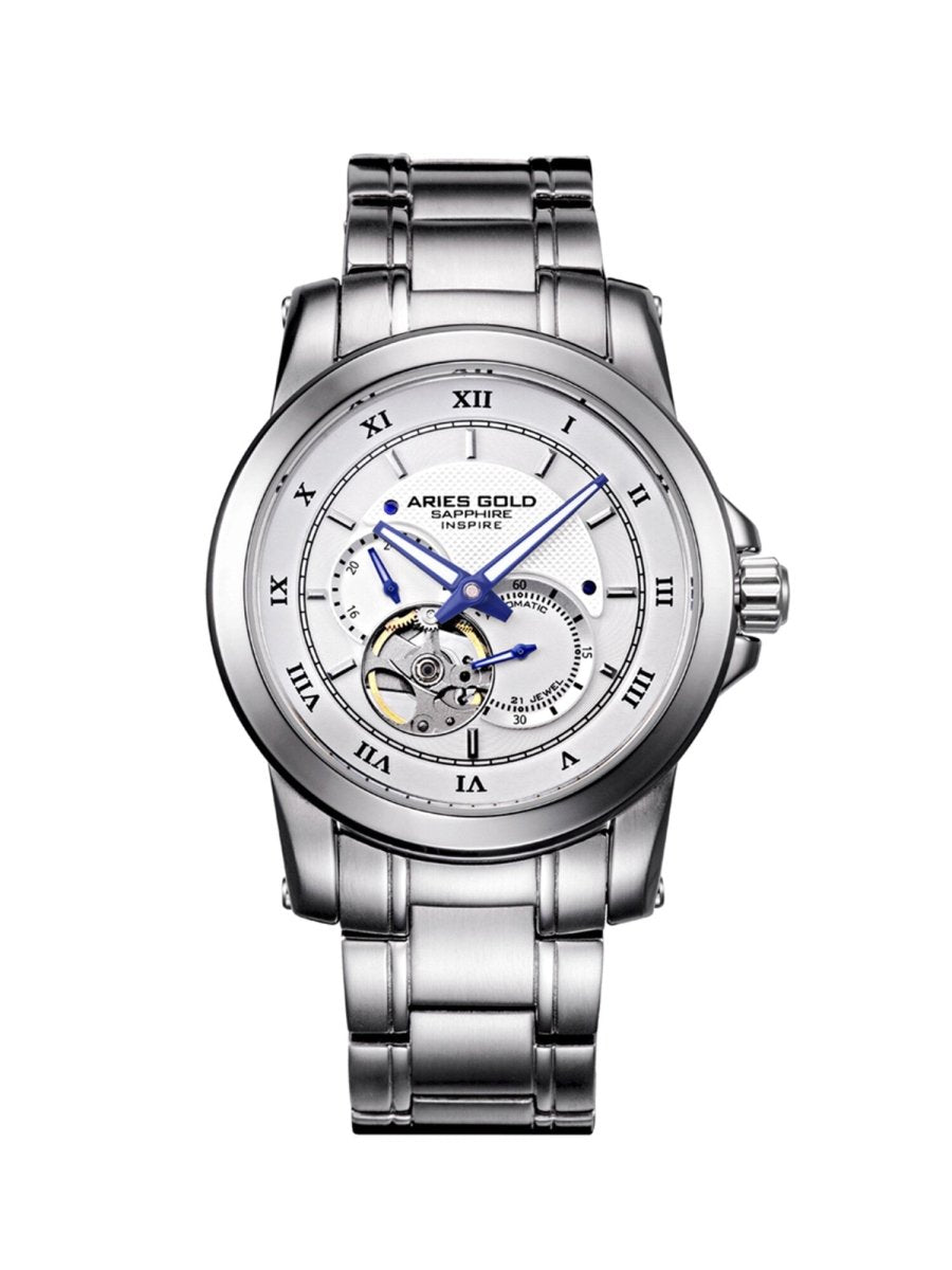 Aries Gold Forza Open Heart Automatic 21 Jewels White Round Dial Men's Watch - G 9001 S-W