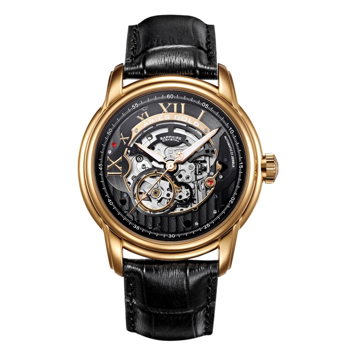 ARIES GOLD El Toro Automatic Skeleton Watch with 21 Jeweles & Sapphire Glass For Men- G 9005 G-BK