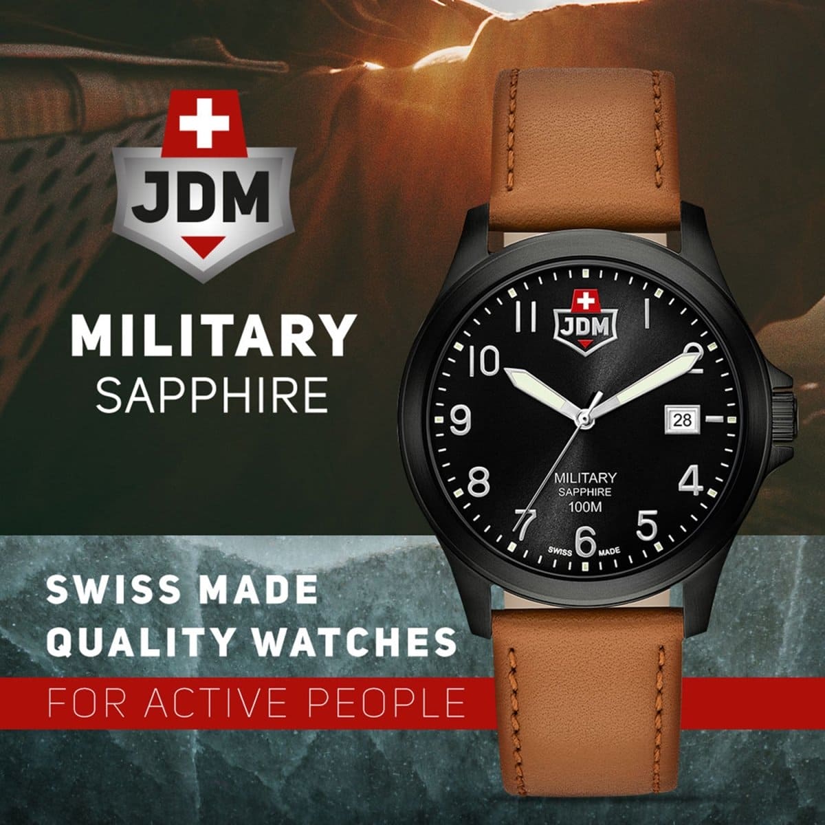 JDM Military Swiss Made ALPHA I Analog Black Round Dial Men's Watch- JDM-WG001-04