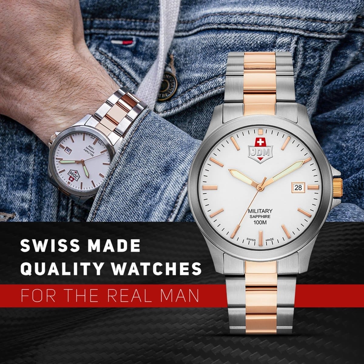 JDM Military Swiss Made ALPHA I Analog White Round Dial Men's Watch- JDM-WG001-06