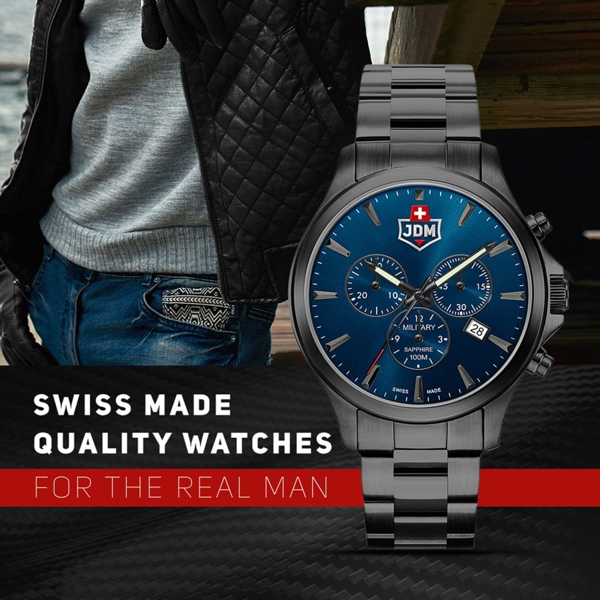JDM Military Swiss Made ALPHA Chronograph Blue Round Dial Men's Watch- JDM-WG002-04