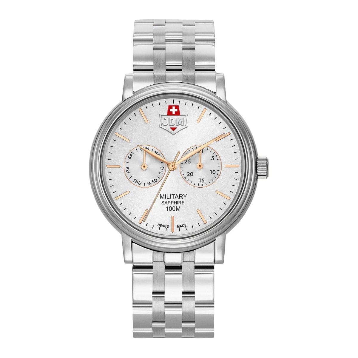 JDM Military Swiss Made ECHO Multifunction Silver Round Dial Men's Watch- JDM-WG003-01