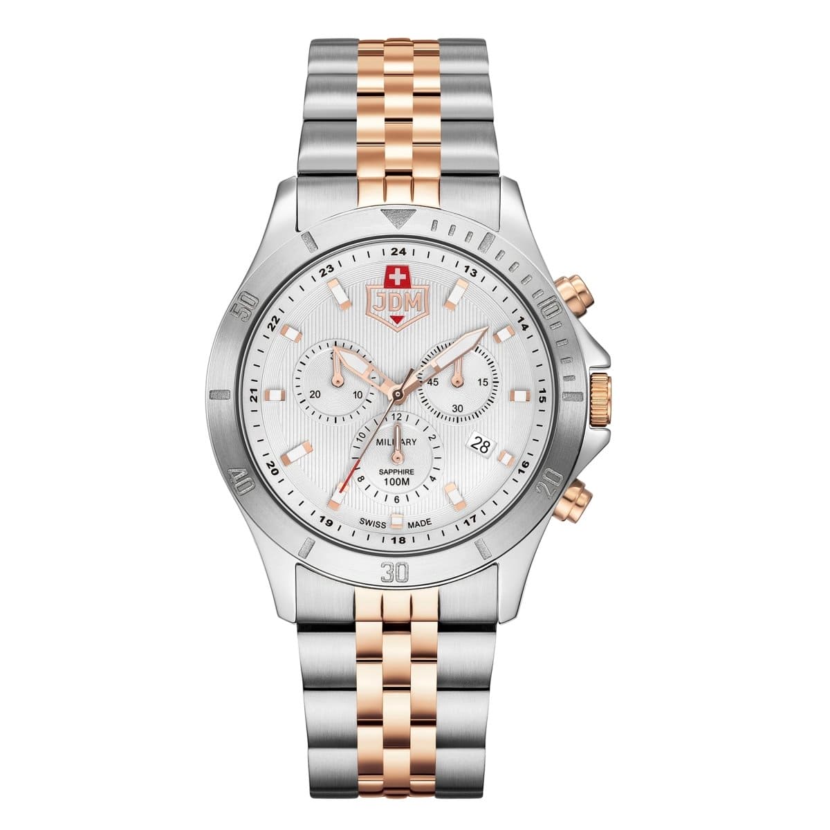 JDM Military Swiss Made DELTA Chronograph White Round Dial Men's Watch- JDM-WG009-02