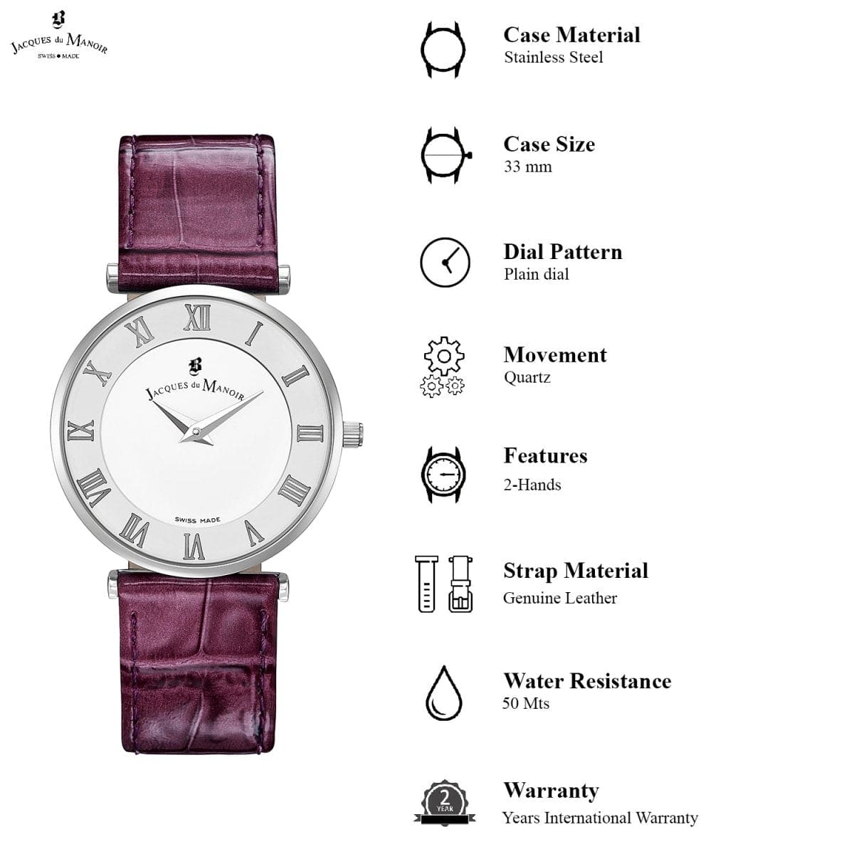 JACQUES DU MANOIR Jasmina Swiss Made Analogue White Round Dial Women's Watch- JOC.07