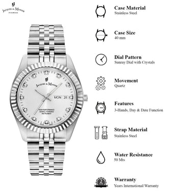 JACQUES DU MANOIR Inspiration DayDate Swiss Made Analogue Silver Round Dial Men's Watch- JWG00301