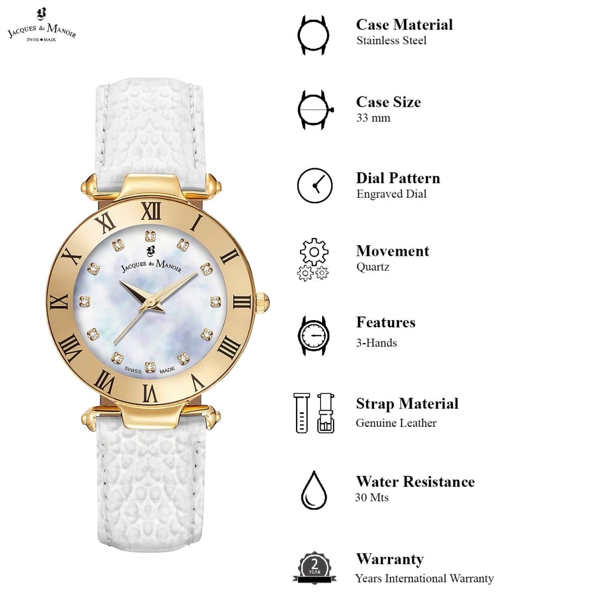 JACQUES DU MANOIR Rainbow Swiss Made Analogue MOP Round Dial Women's Watch- JWL00107