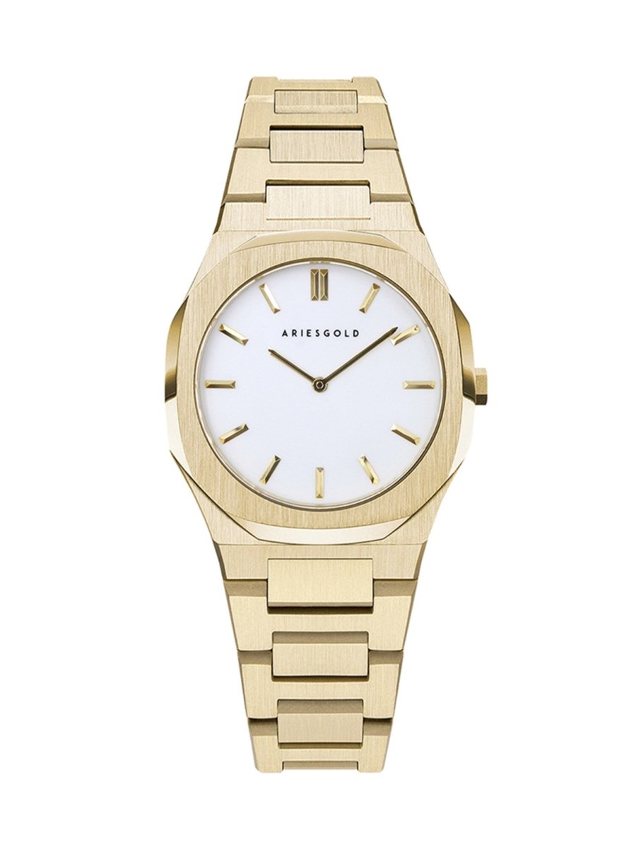Aries Gold Prestige Quartz White Round Sapphire Glass Dial Women's Watch - L 1032 G-WG