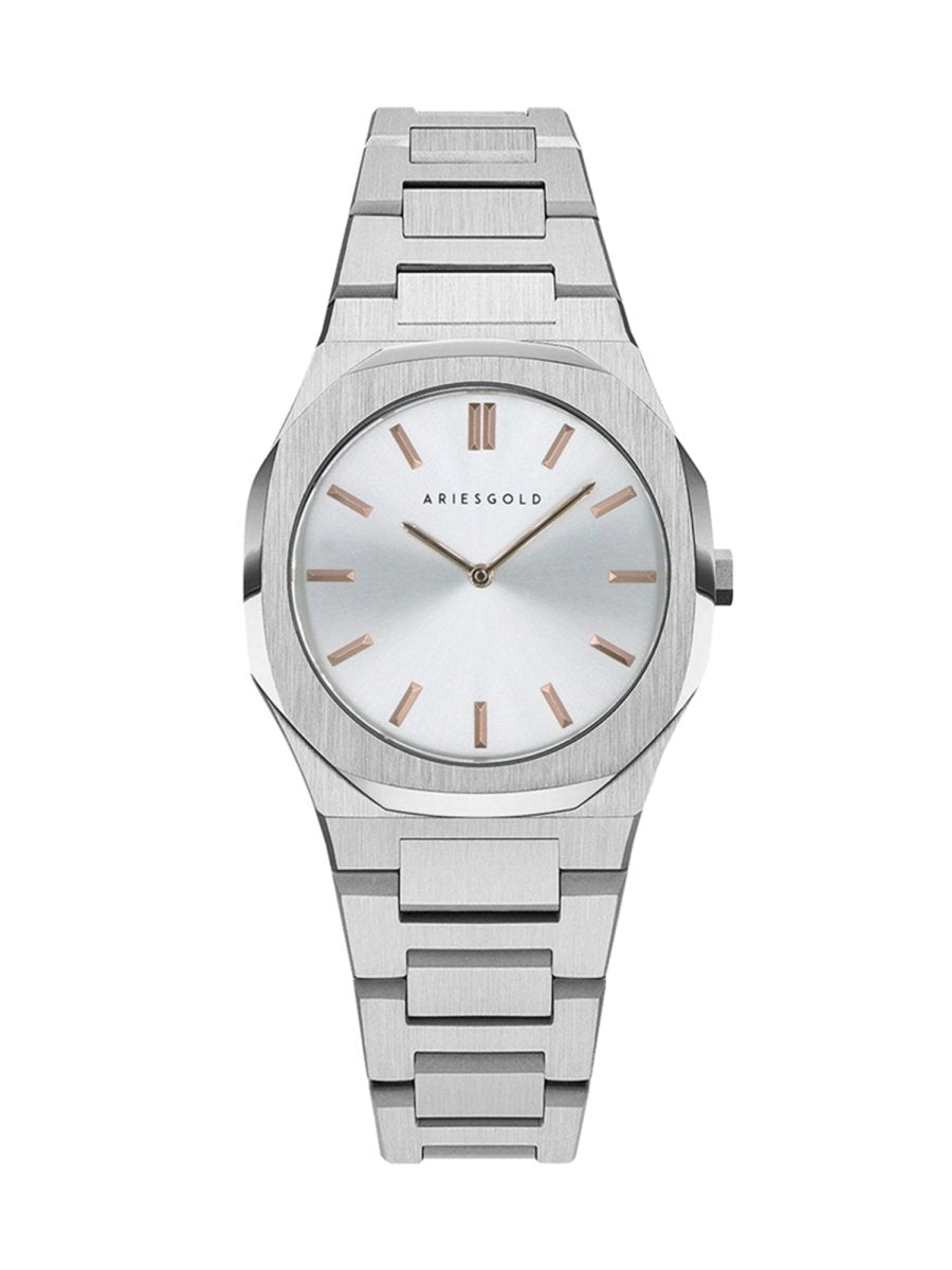 Aries Gold Prestige Quartz Silver Round Sapphire Glass Dial Women's Watch - L 1032 S-SRG