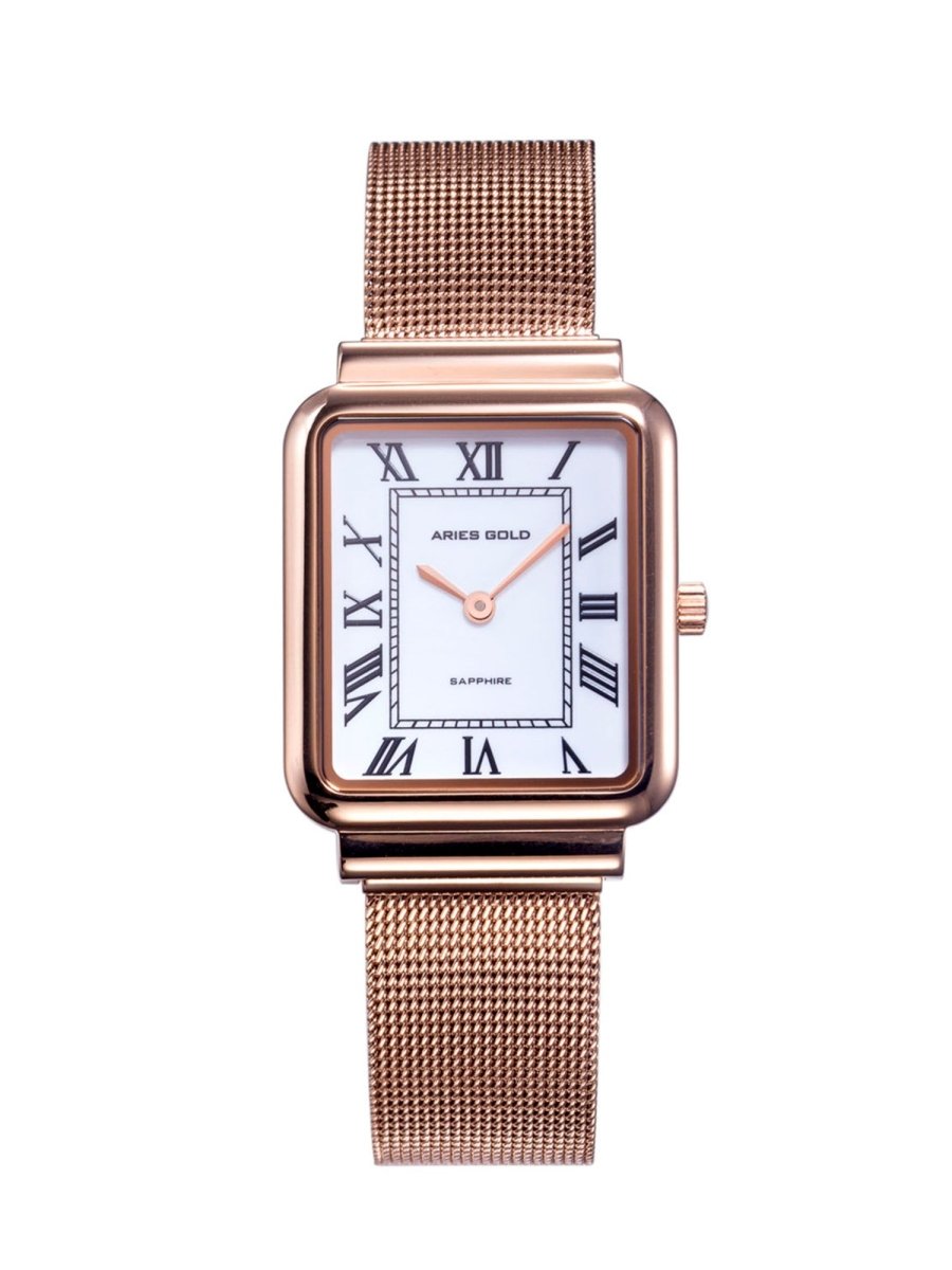 Aries Gold Enchant Isabella Quartz White Rectangle Sapphire Glass Dial Women's Watch - L 5032Z RG-W