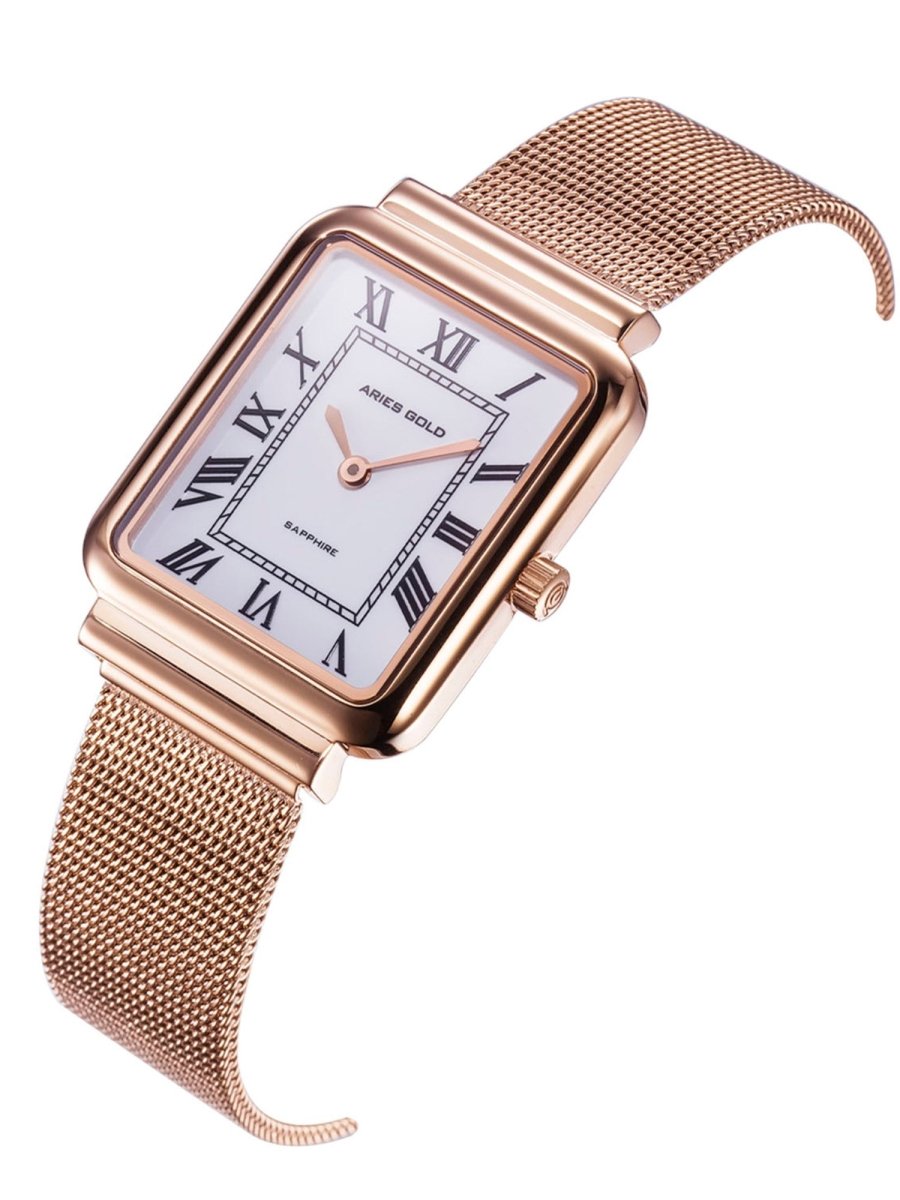 Aries Gold Enchant Isabella Quartz White Rectangle Sapphire Glass Dial Women's Watch - L 5032Z RG-W
