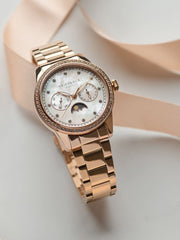 Aries Gold Heritage Moonphase White MOP Crystal Round Dial Women's Watch - L 5040 RG-MP