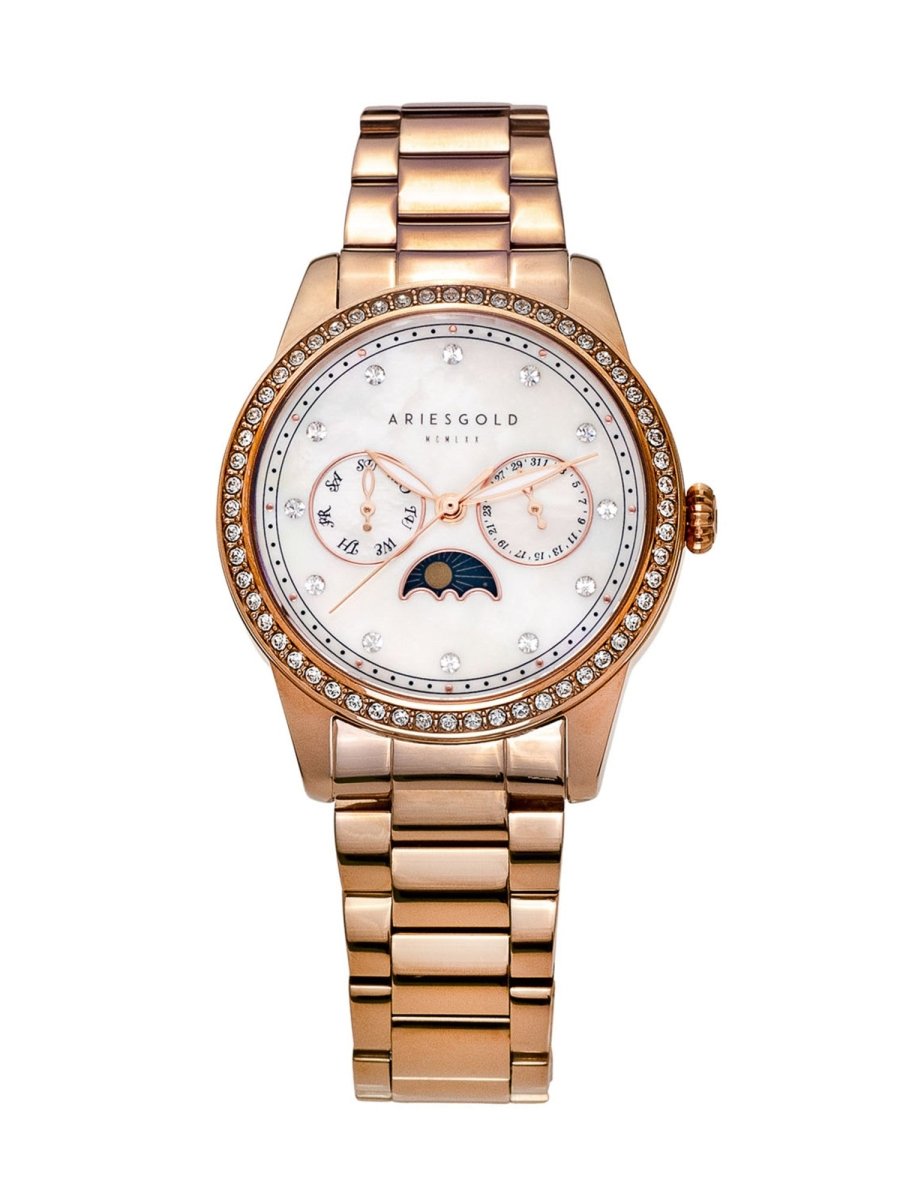 Aries Gold Heritage Moonphase White MOP Crystal Round Dial Women's Watch - L 5040 RG-MP