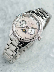 Aries Gold Heritage Moonphase White MOP Crystal Round Dial Women's Watch - L 5040 S-MP