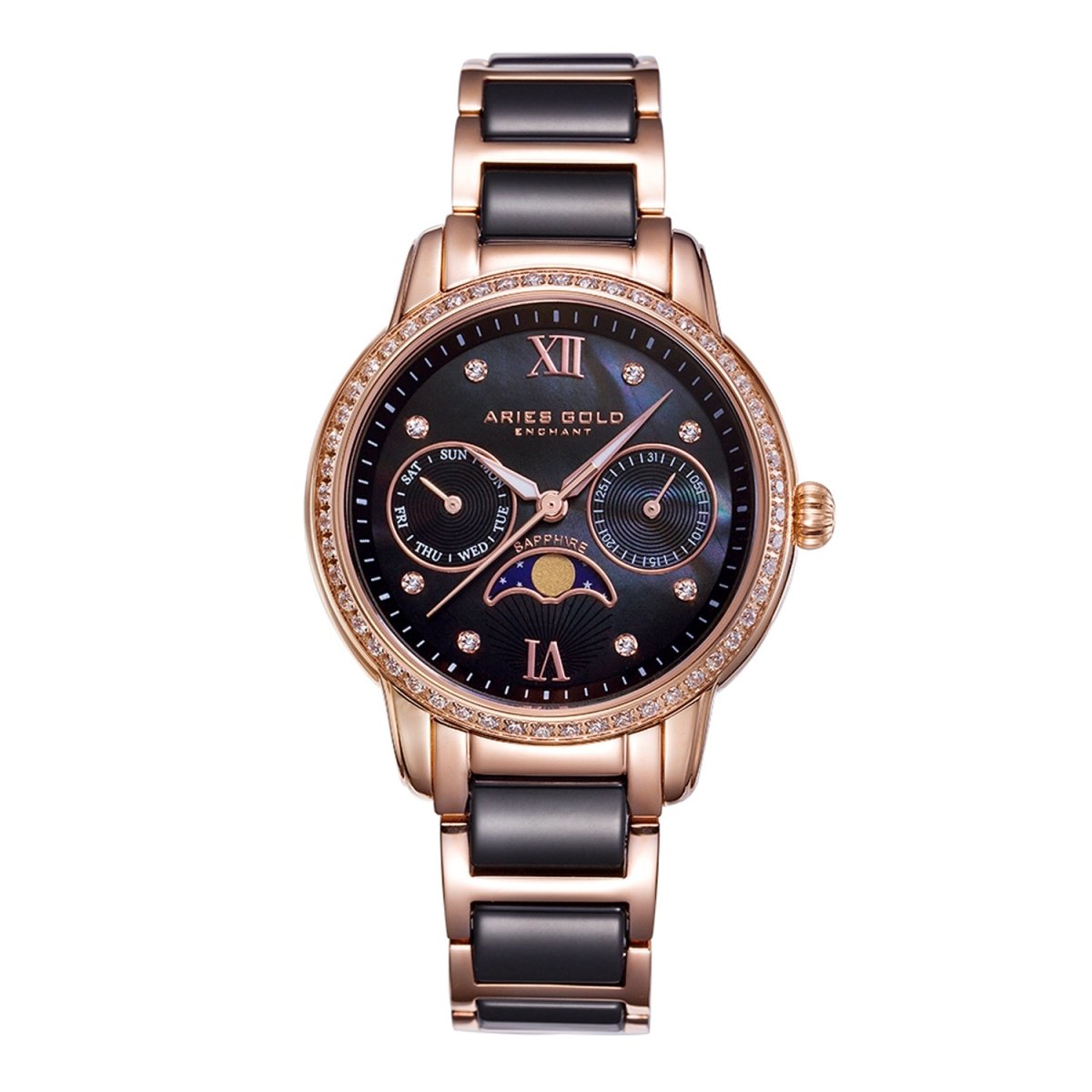 ARIES GOLD Luna Moonphase Crystals MOP Dial Watch with Sapphire Glass For Women- L 58010L RG-BKMP