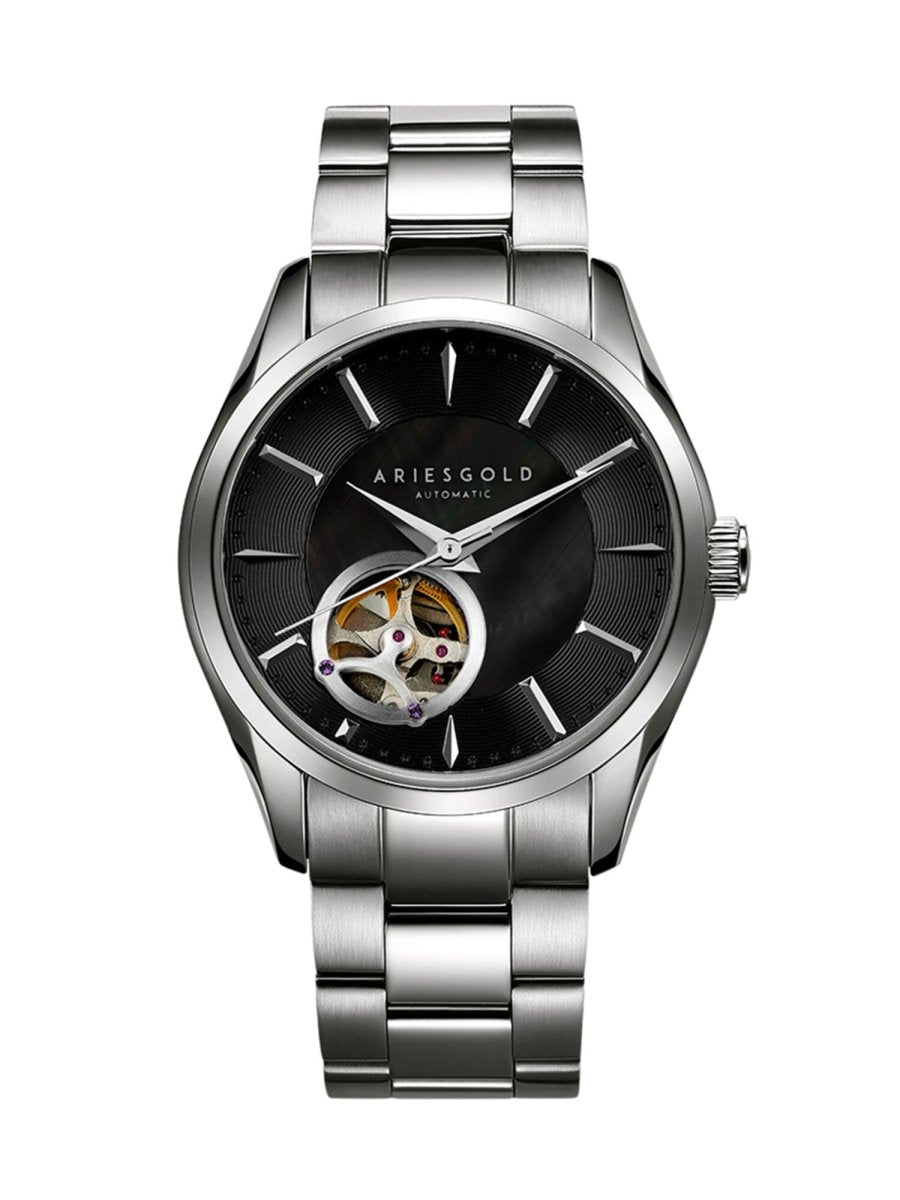 Aries Gold Inspira Open Heart Automatic 21 Jewels Black Round Dial Women's Watch - L 9023 S-BK
