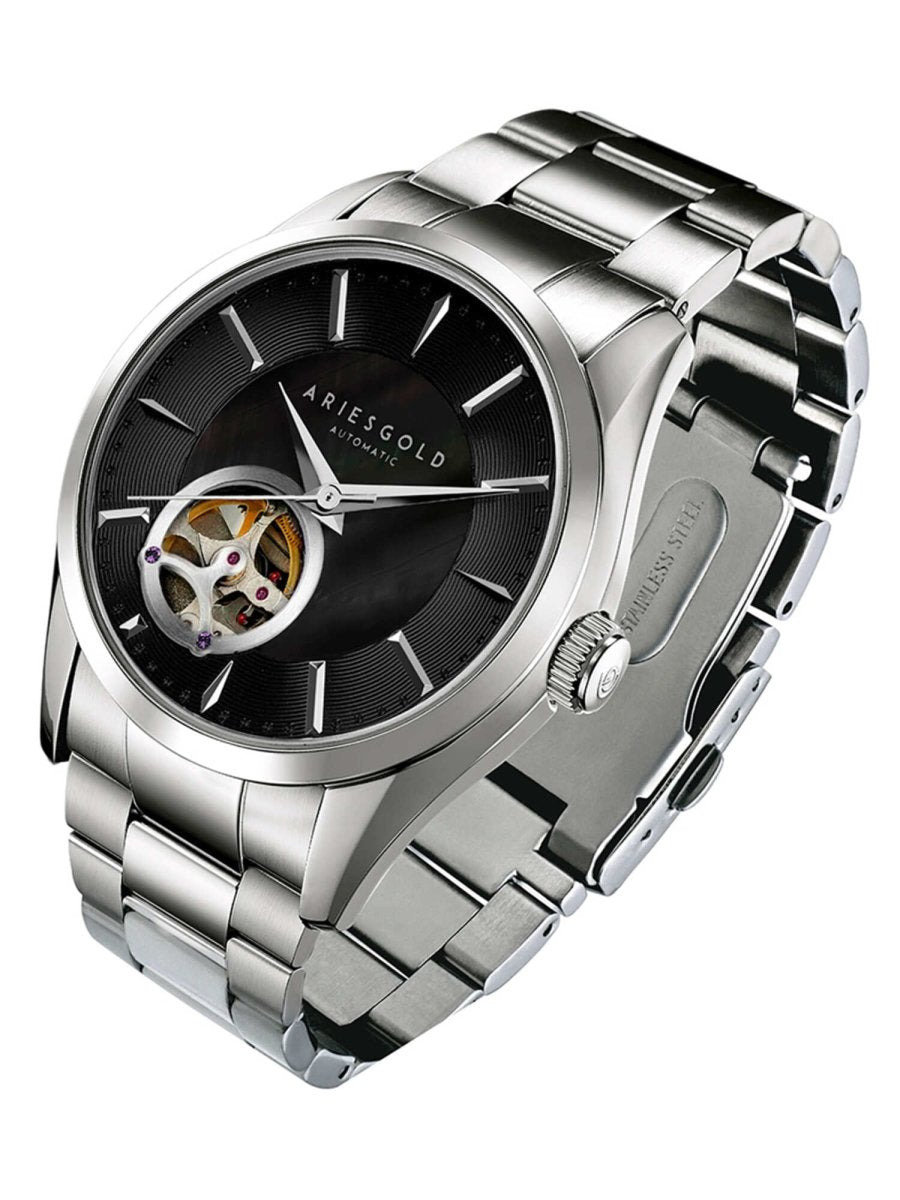 Aries Gold Inspira Open Heart Automatic 21 Jewels Black Round Dial Women's Watch - L 9023 S-BK