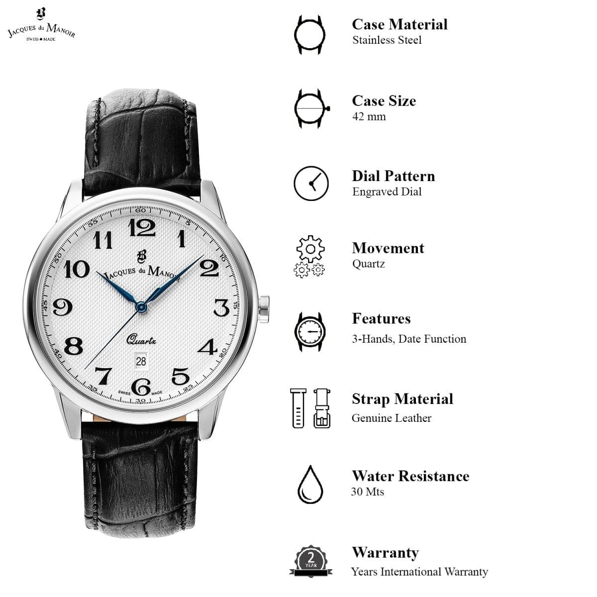 JACQUES DU MANOIR Legend Swiss Made Analogue White Round Dial Men's Watch- LE.01