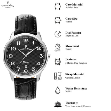 JACQUES DU MANOIR Legend Swiss Made Analogue Black Round Dial Men's Watch- LE.02