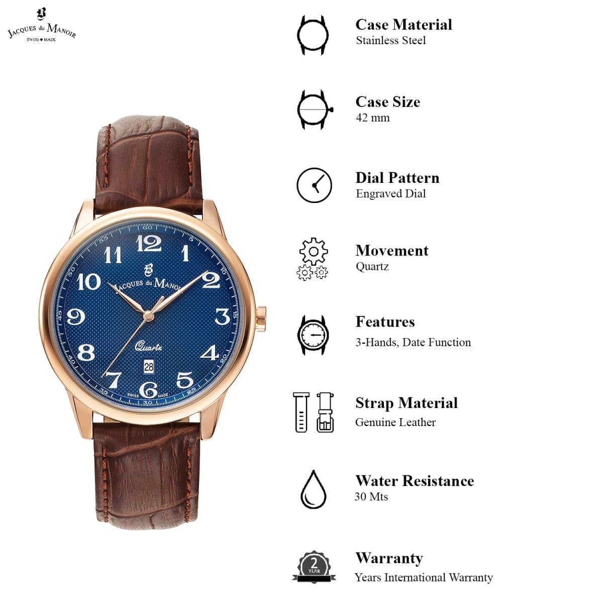 JACQUES DU MANOIR Legend Swiss Made Analogue Blue Round Dial Men's Watch- LE.04