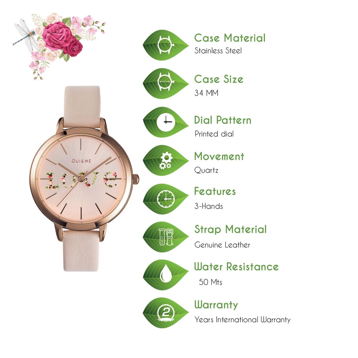 Oui & Me Fleurette Analogue Pink Round Dial Women's Watch- ME010018