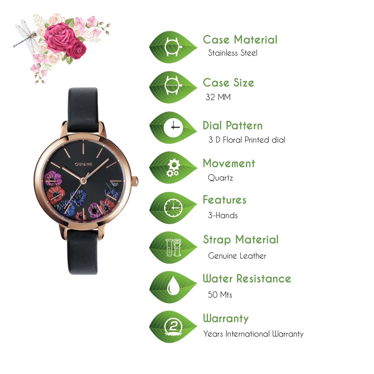 OUI & ME Petite Fleurette Analogue Black Round Dial Women's Watch- ME010059 