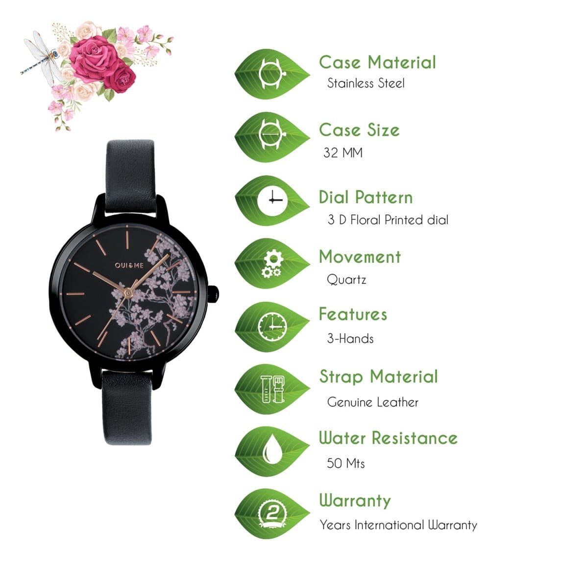OUI & ME Petite Fleurette Analogue Black Round Dial Women's Watch- ME010065 
