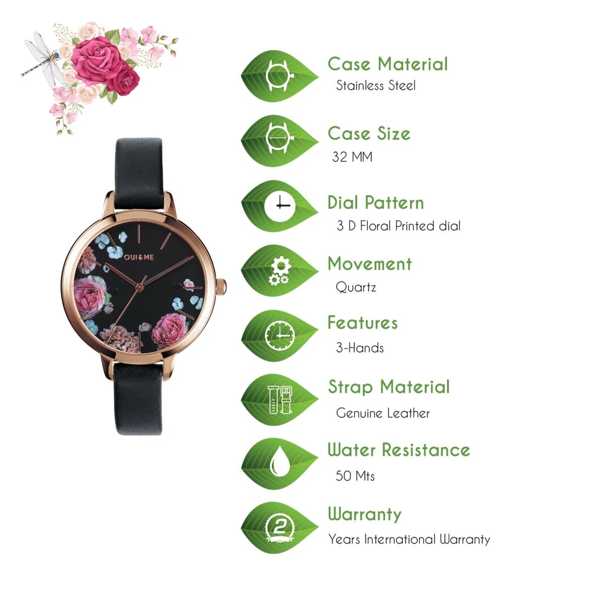 OUI & ME Petite Fleurette Analogue Black Round Dial Women's Watch- ME010097 
