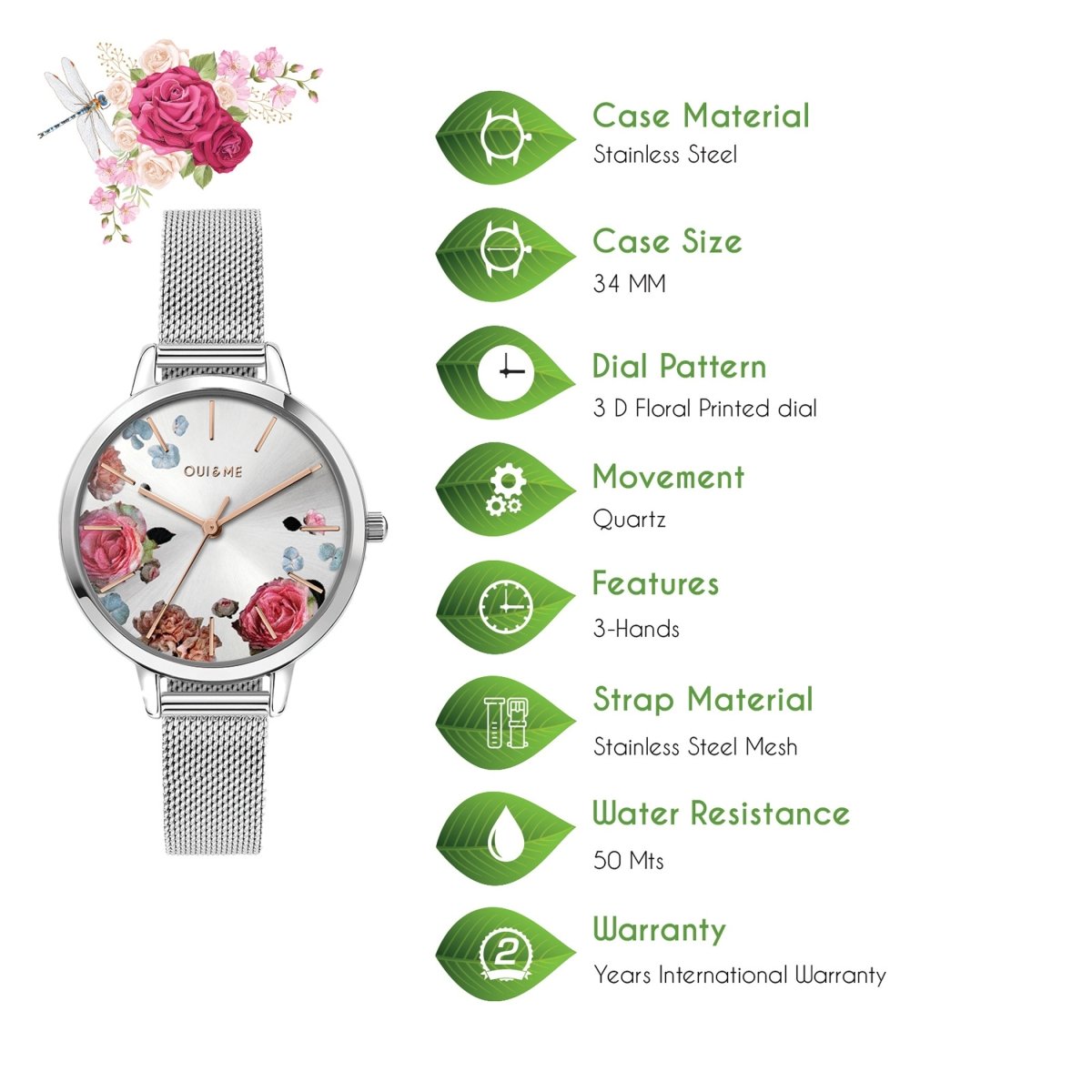 OUI & ME Fleurette Analogue Silver Round Dial Women's Watch- ME010104 