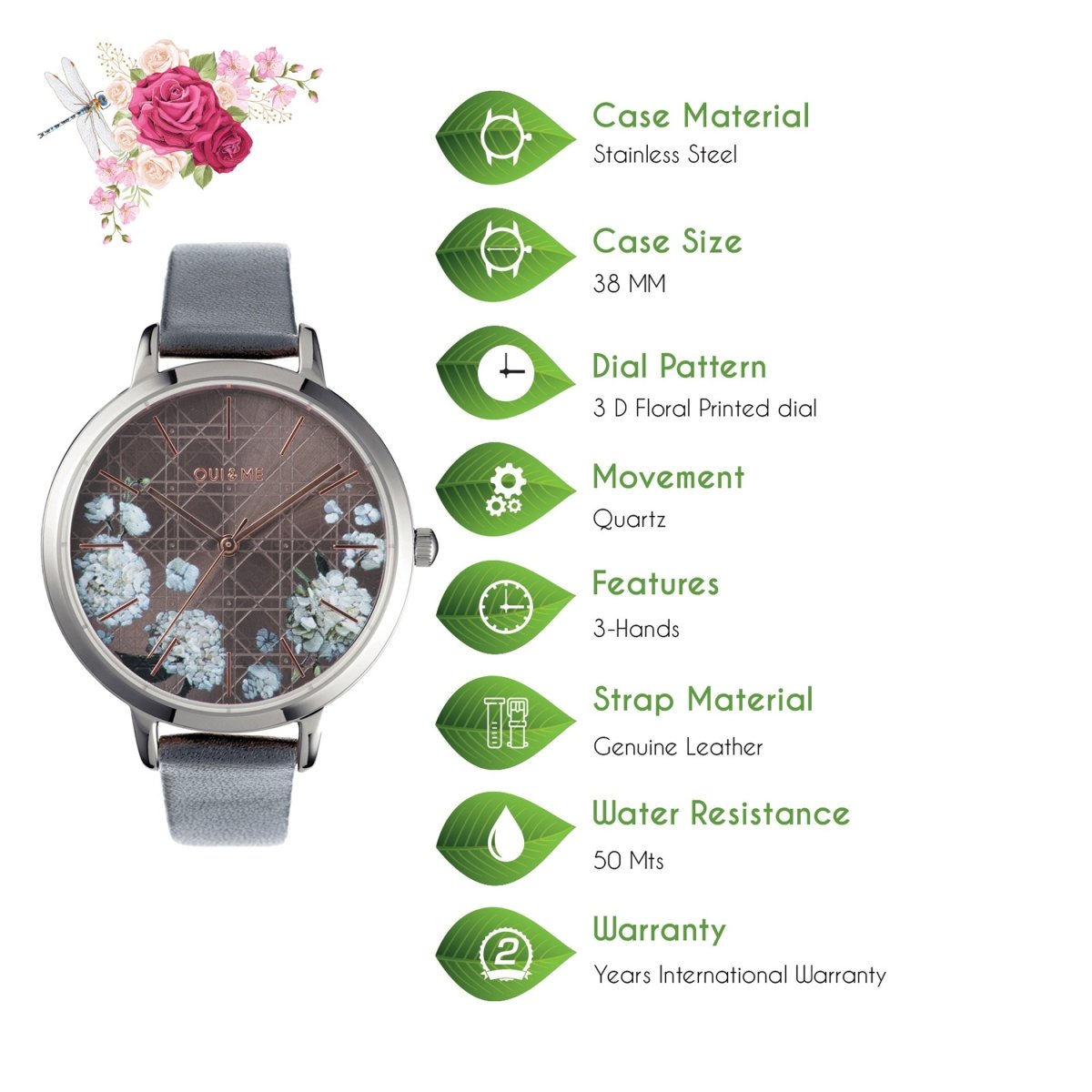 OUI & ME Grande Fleurette Analogue Grey Round Dial Women's Watch- ME010110 