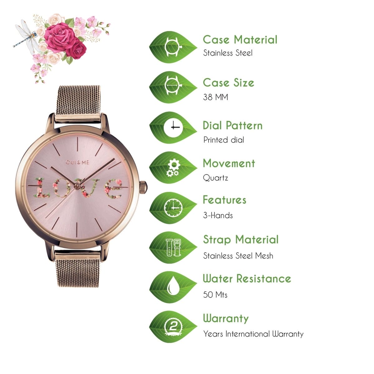Oui & Me Grande Fleurette Analogue Pink Round Dial Women's Watch- ME010112