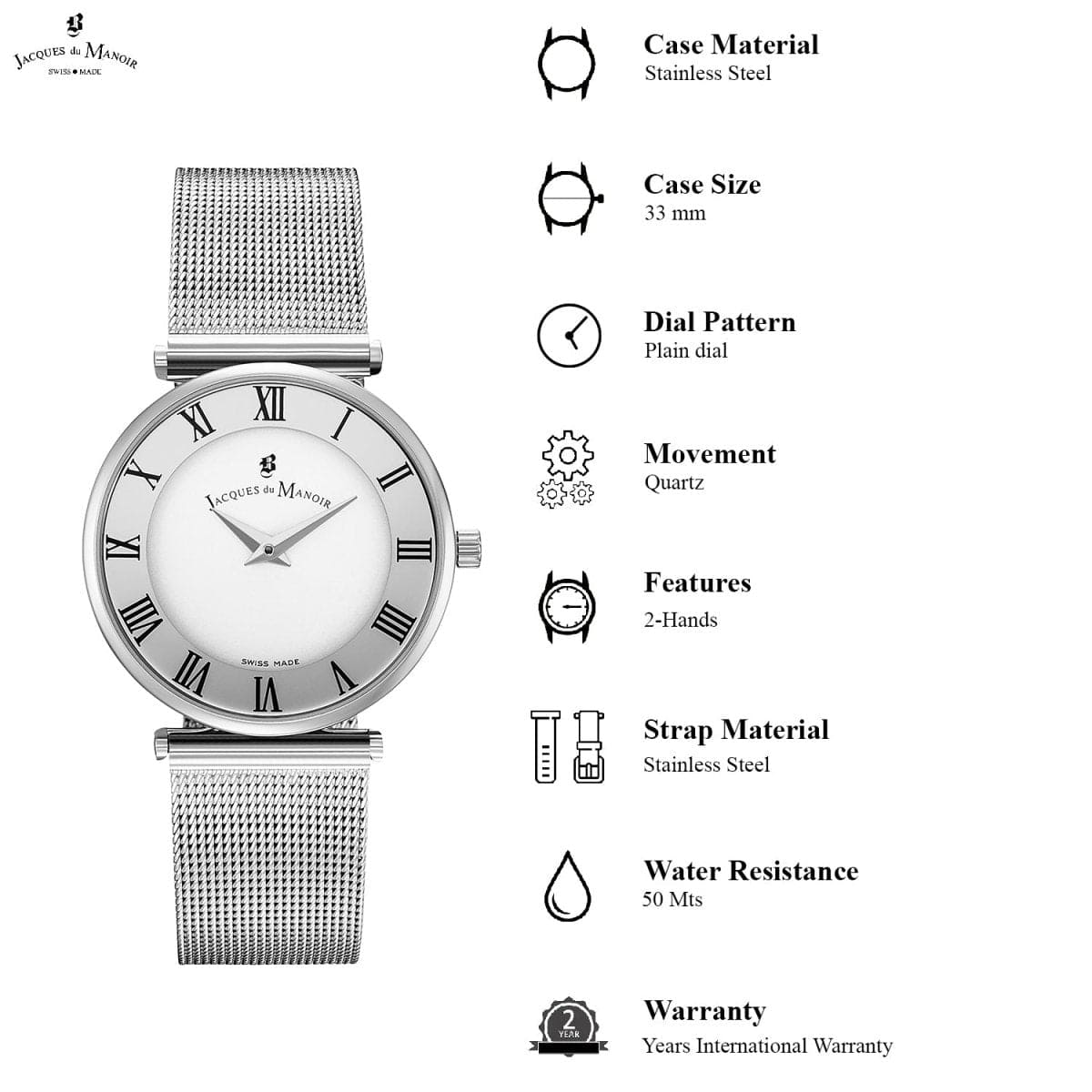 JACQUES DU MANOIR Jasmina Swiss Made Analogue White Round Dial Women's Watch- MICM.09