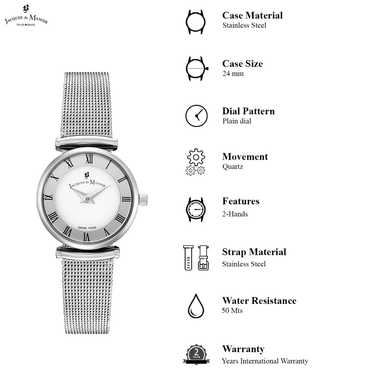 JACQUES DU MANOIR Jasmina Swiss Made Analogue White Round Dial Women's Watch- MICM.10