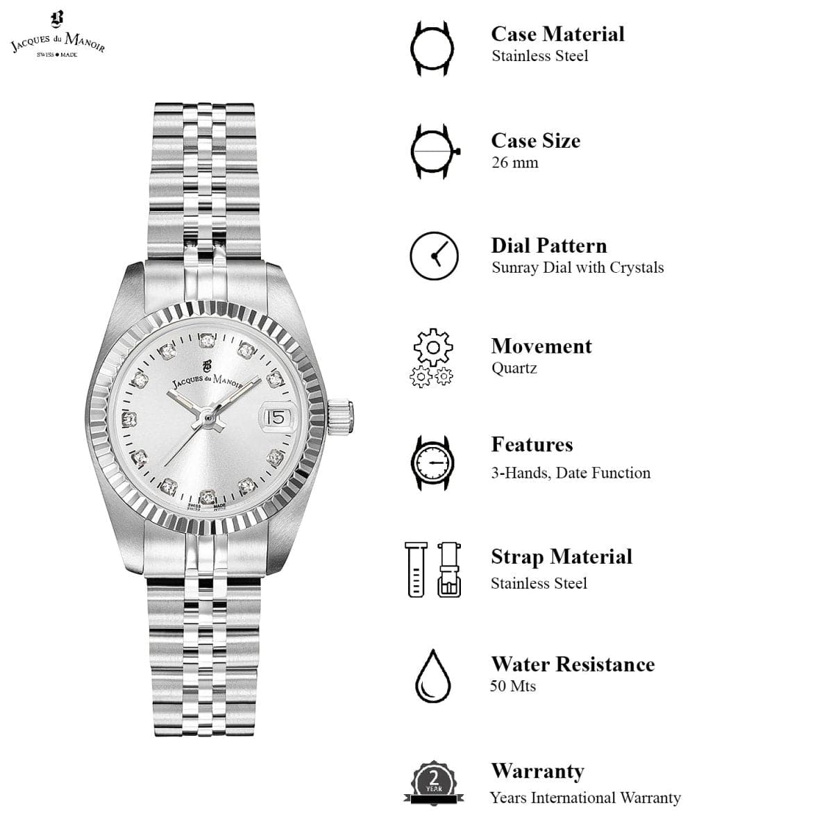 JACQUES DU MANOIR Inspiration Swiss Made Analogue Silver Round Dial Women's Watch- NRO.02