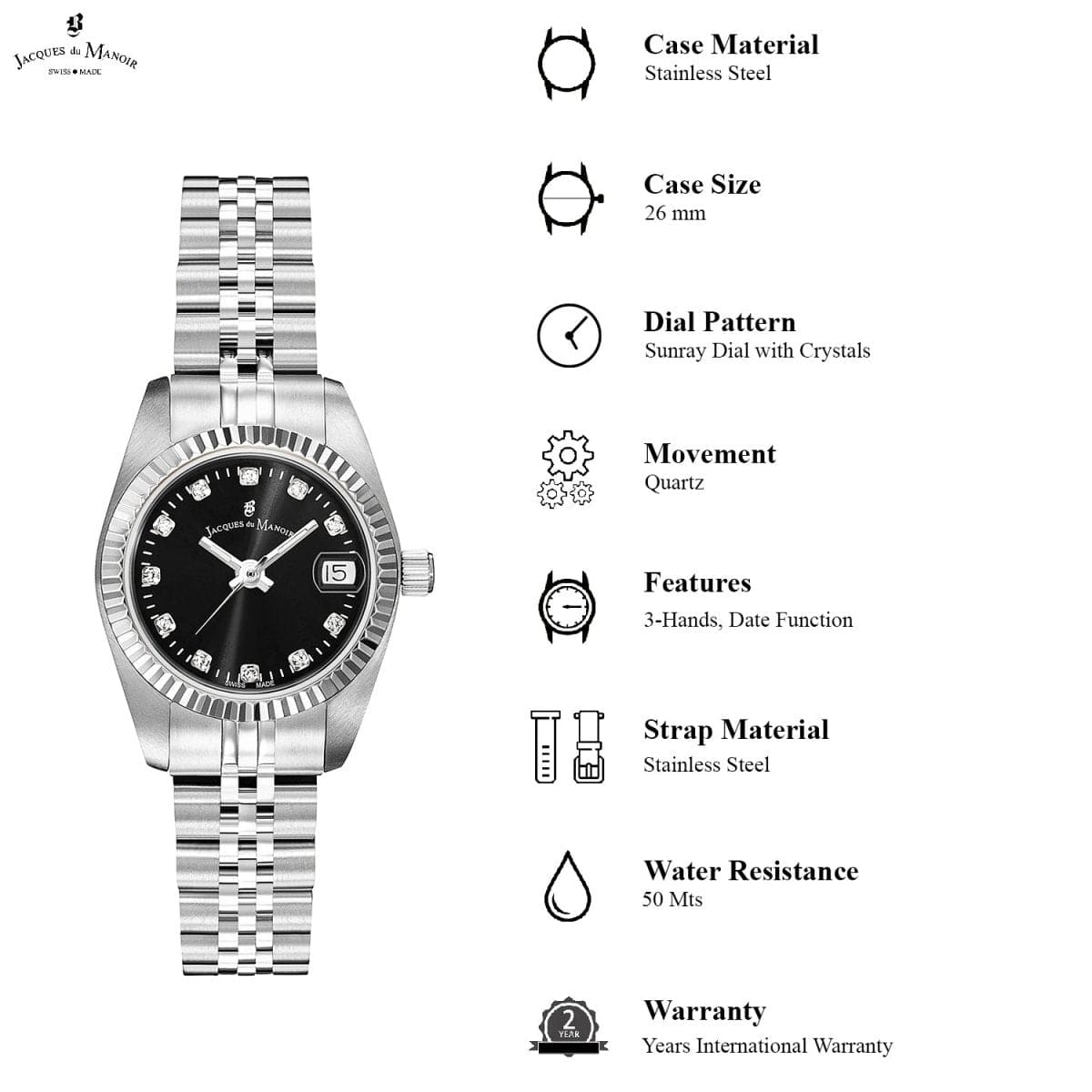 JACQUES DU MANOIR Inspiration Swiss Made Analogue Black Round Dial Women's Watch- NRO.06