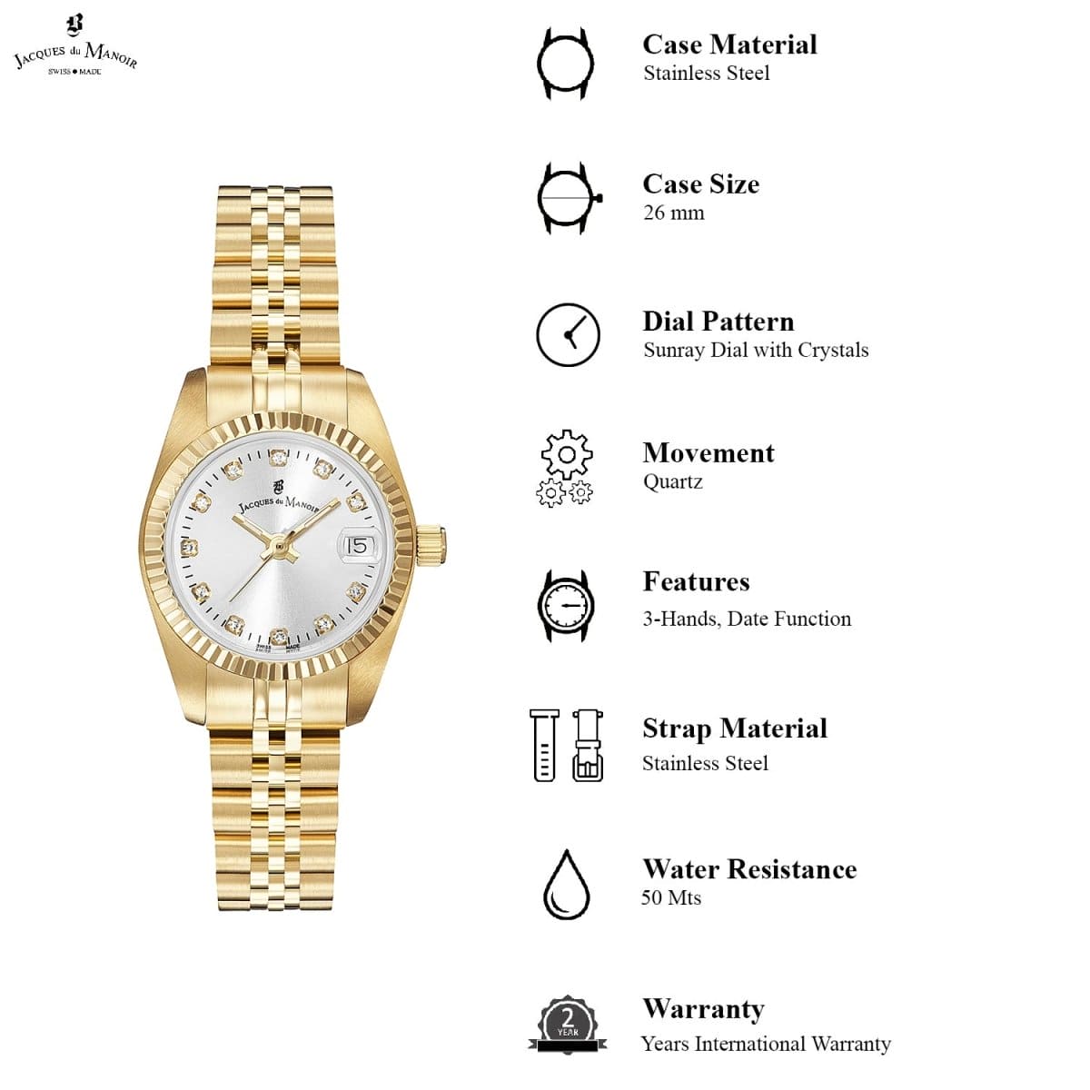 JACQUES DU MANOIR Inspiration Swiss Made Analogue Silver Round Dial Women's Watch- NRO.12