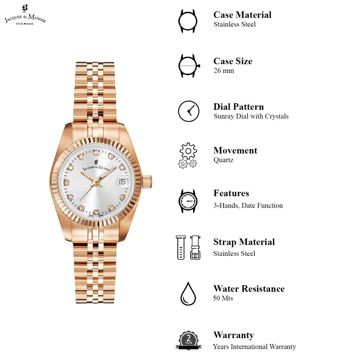 JACQUES DU MANOIR Inspiration Swiss Made Analogue Silver Round Dial Women's Watch- NRO.16