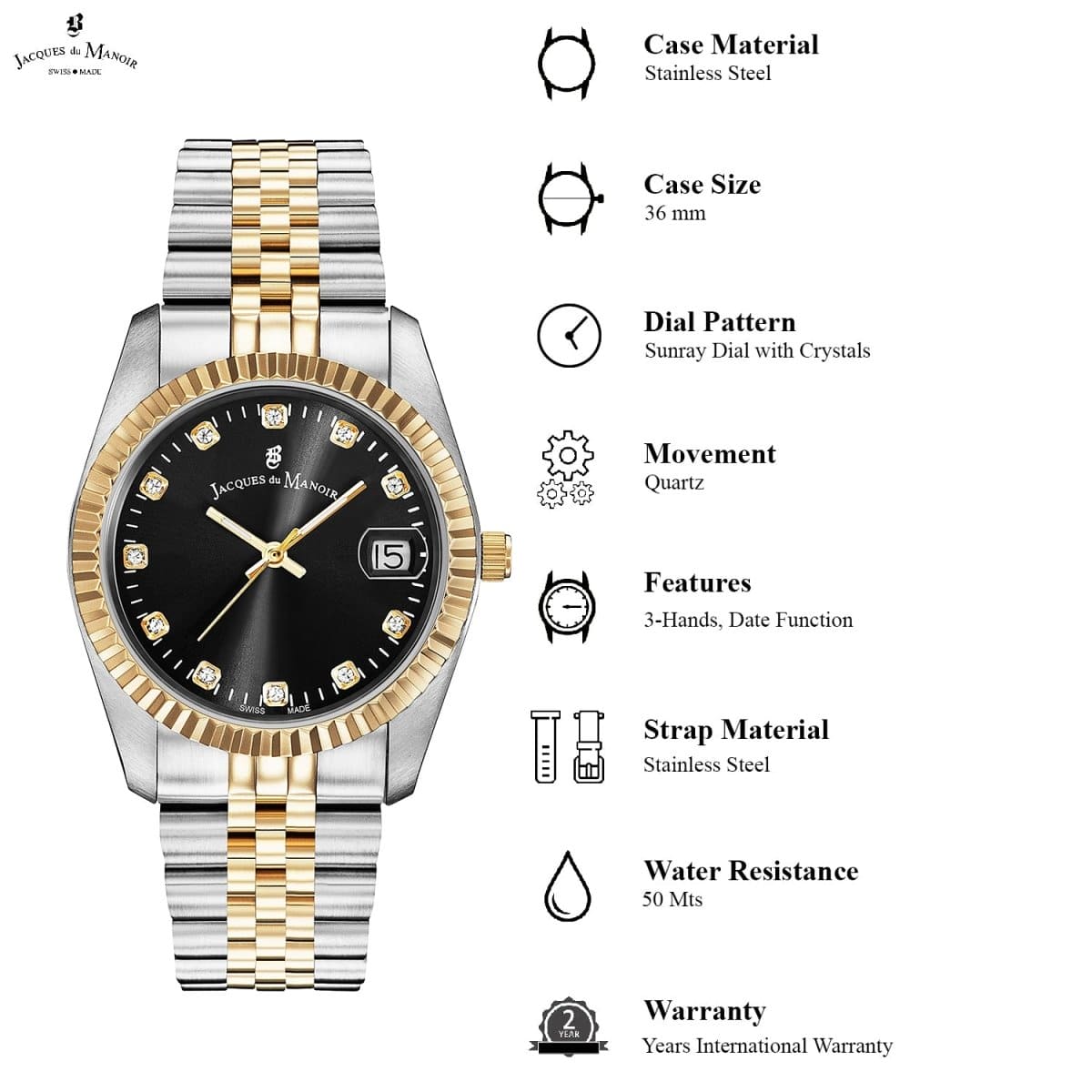 JACQUES DU MANOIR Inspiration Swiss Made Analogue Black Round Dial Women's Watch- NRO.19