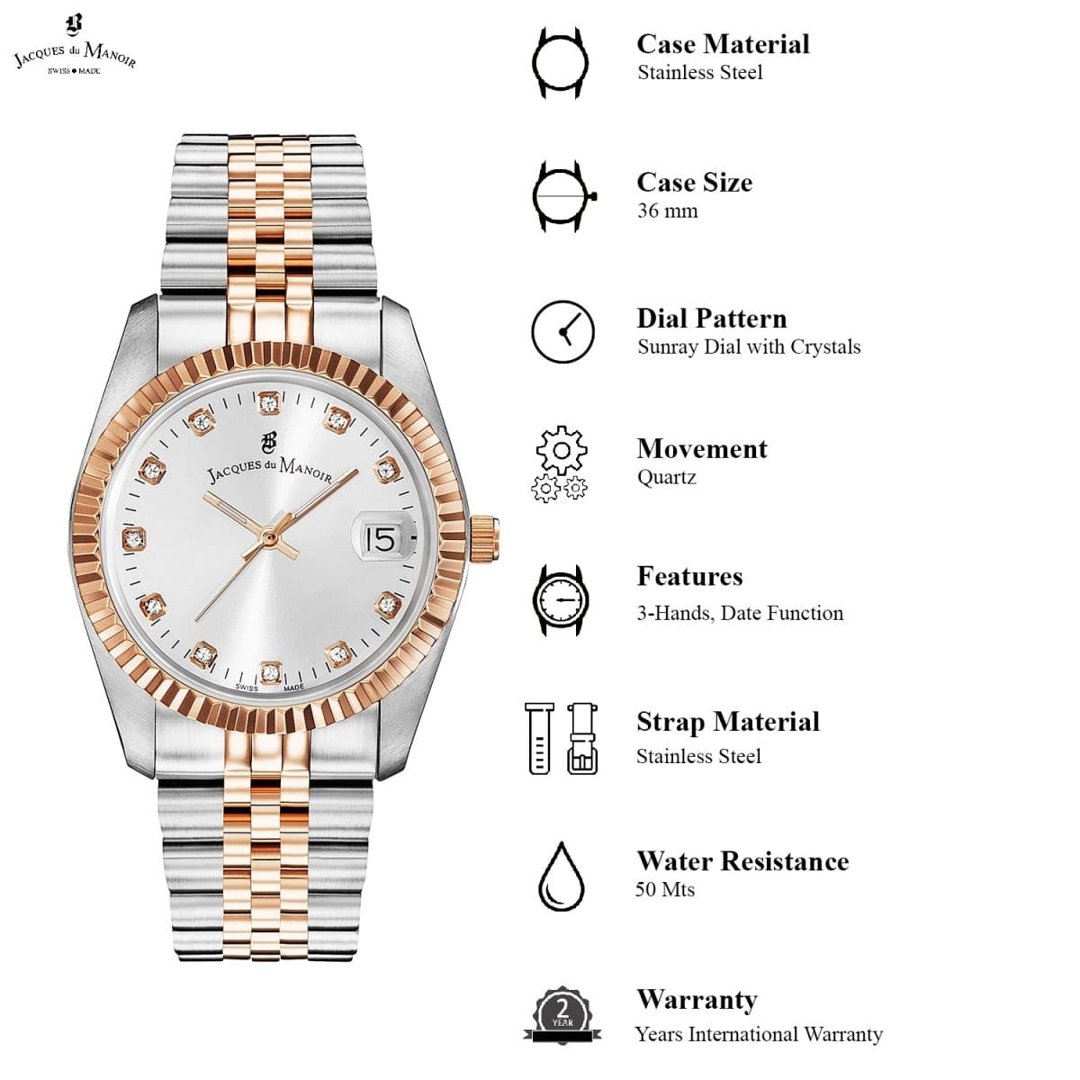 JACQUES DU MANOIR Inspiration Swiss Made Analogue Silver Round Dial Women's Watch- NRO.23