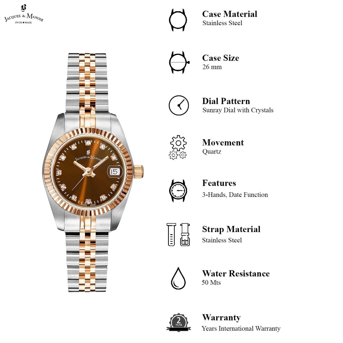 JACQUES DU MANOIR Inspiration Swiss Made Analogue Brown Round Dial Women's Watch- NRO.26