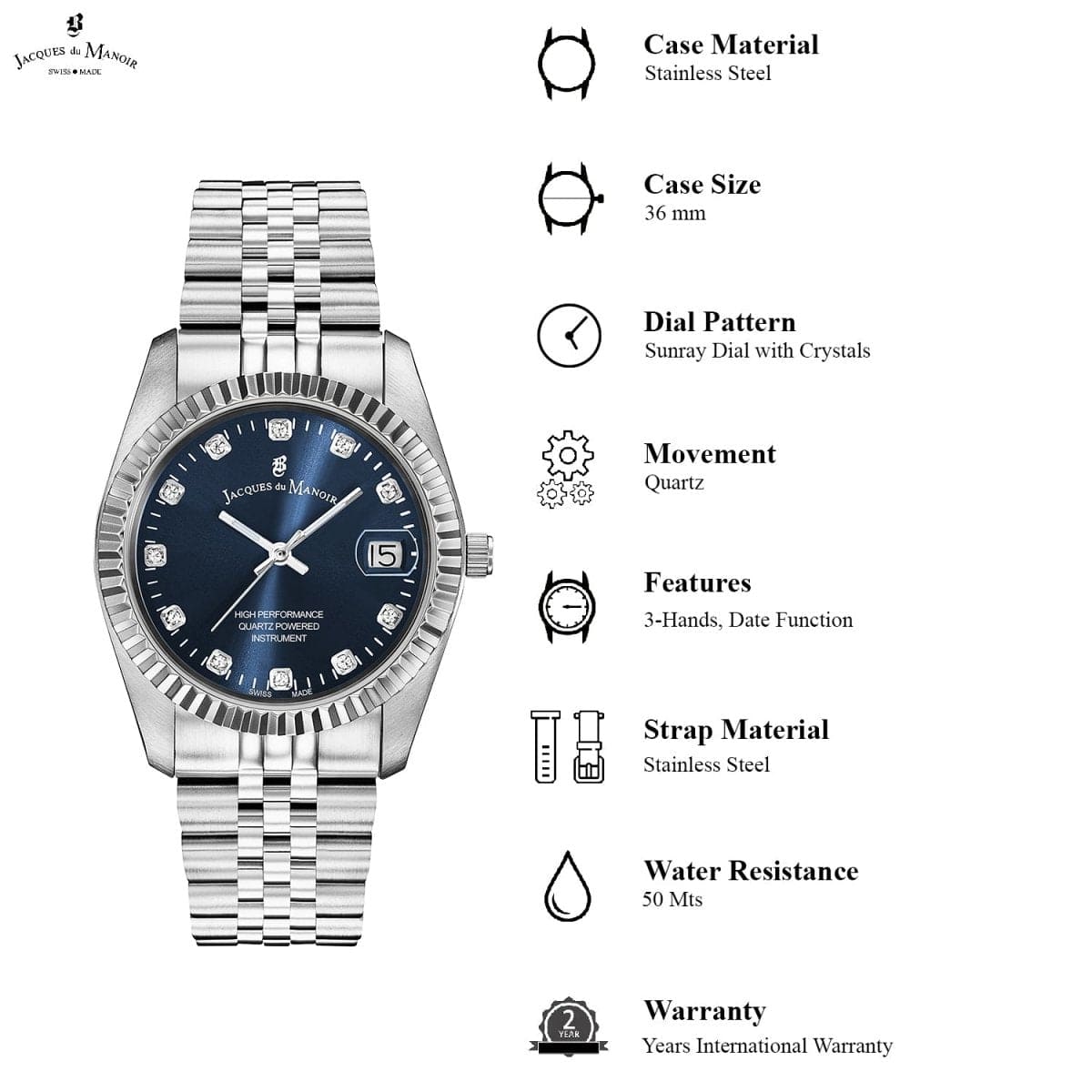 JACQUES DU MANOIR Inspiration Swiss Made Analogue Blue Round Dial Women's Watch- NRO.27