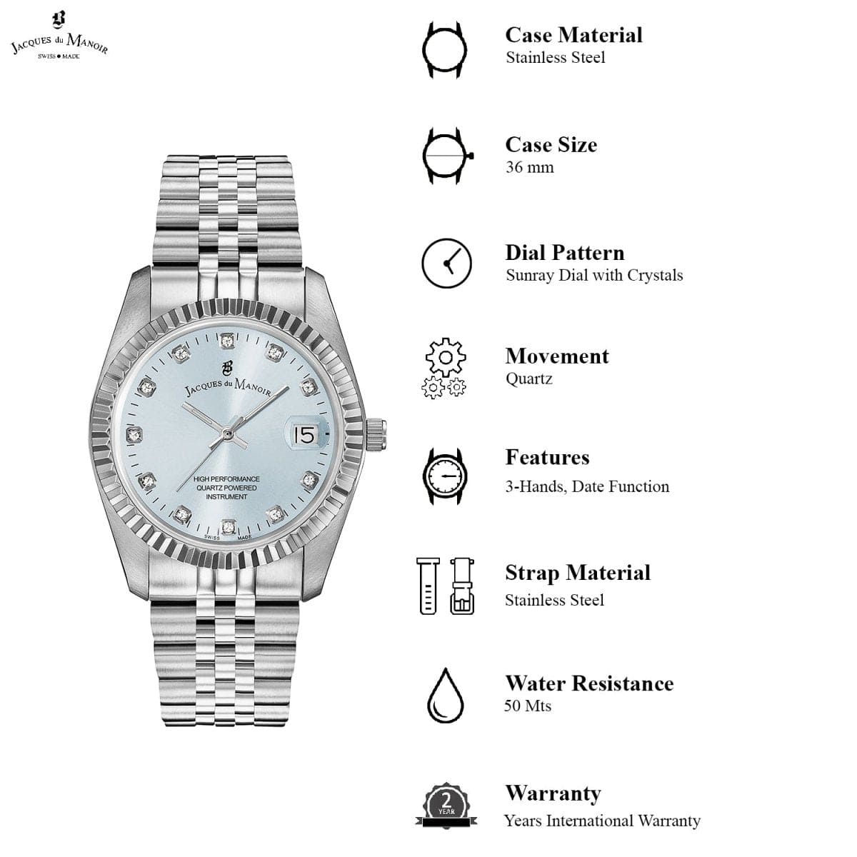 JACQUES DU MANOIR Inspiration Swiss Made Analogue Blue Round Dial Women's Watch- NRO.29