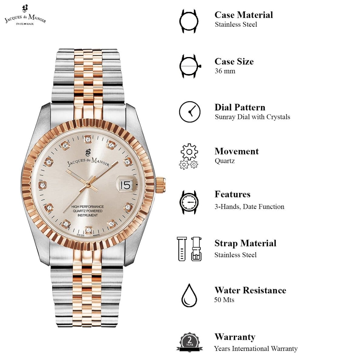 JACQUES DU MANOIR Inspiration Swiss Made Analogue Grey Round Dial Women's Watch- NRO.35