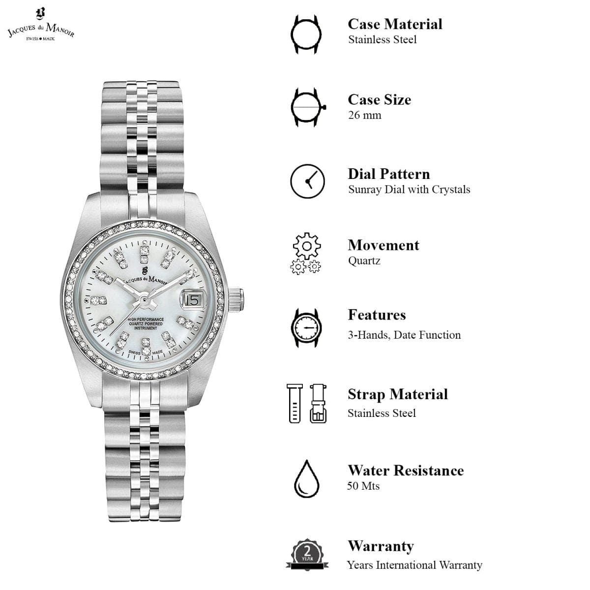 JACQUES DU MANOIR Inspiration Swiss Made Analogue MOP Round Dial Women's Watch- NROP.02
