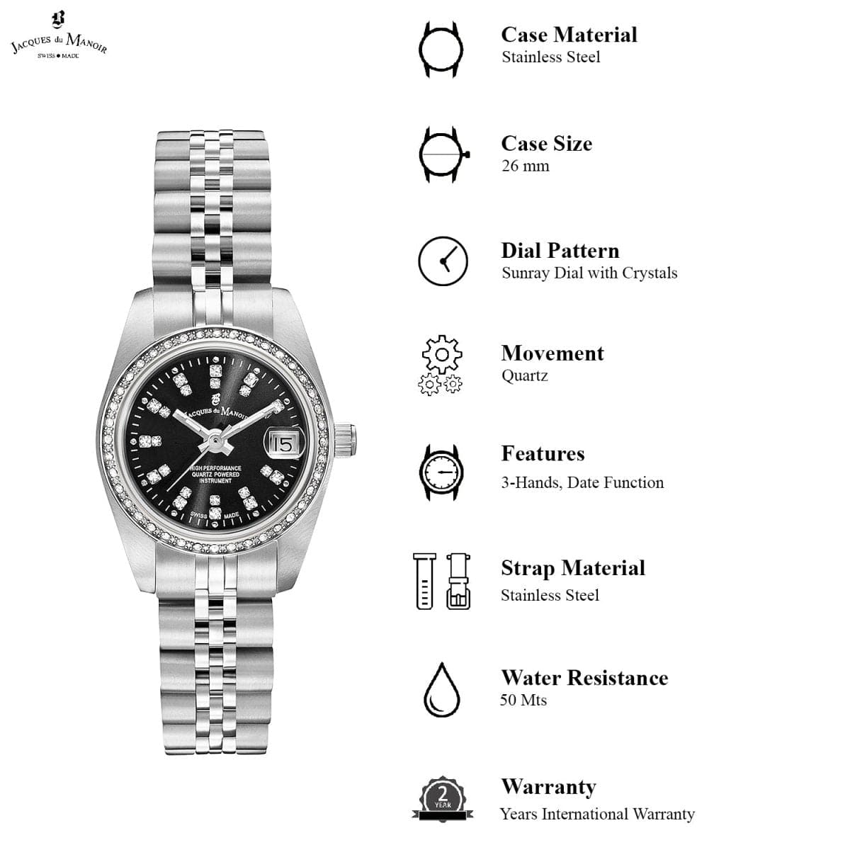 JACQUES DU MANOIR Inspiration Swiss Made Analogue Black Round Dial Women's Watch- NROP.06