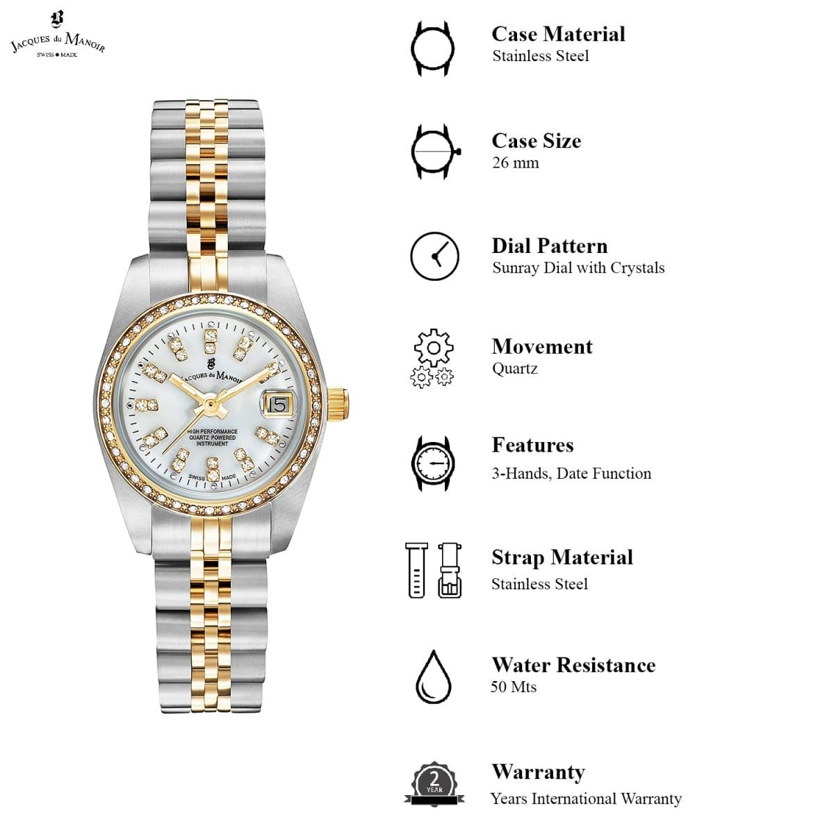 JACQUES DU MANOIR Inspiration Swiss Made Analogue White Round Dial Women's Watch- NROP.08